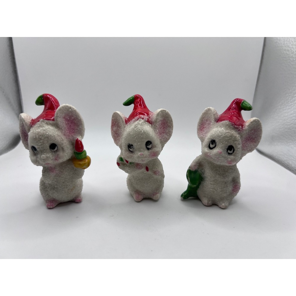 3 Vintage Anthropomorphic‎ Ceramic Sugared White Christmas Mice MCM Xmas Decor